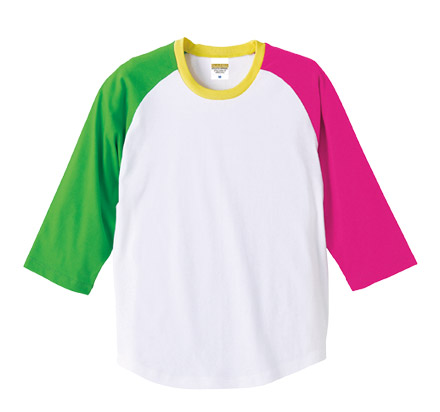 5.0オンスラグラン3／4スリーブTシャツ（5404-01） ブライトグリーン×トロピカルピンク×イエロー×ホワイト（9853）