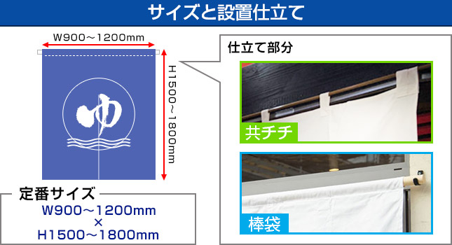 湯・風呂のれんサイズと設置仕立て