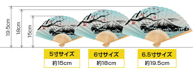 5寸サイズ約15cm、6寸サイズ約18cm、6.5寸サイズ約19cm